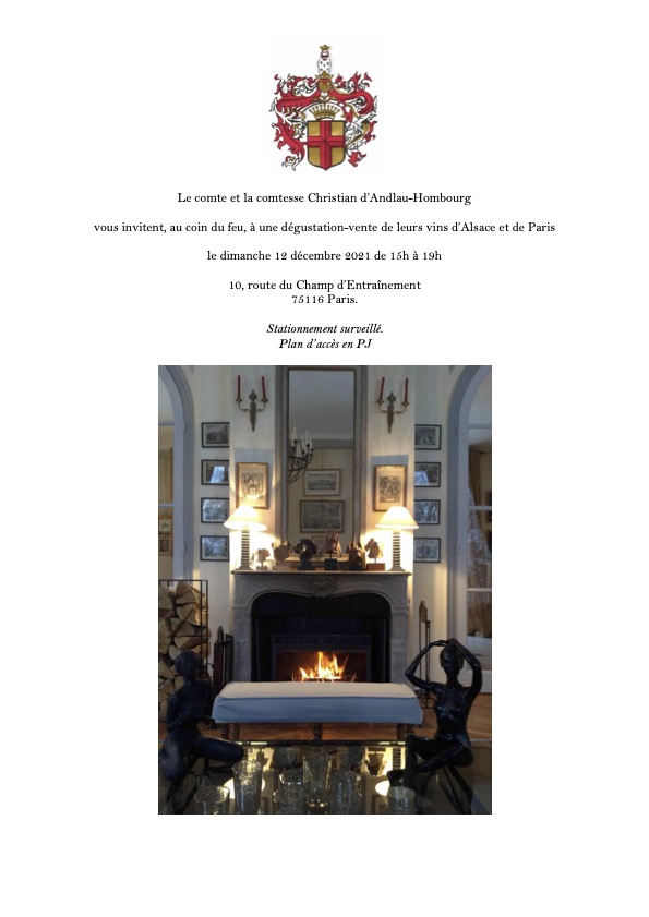 Invitation à la dégustation-vente de vin d'Alsace au domaine du Paris-Bagatelle le 12 décembre 2021